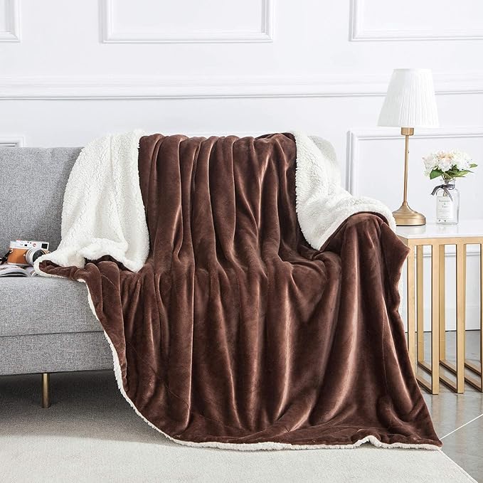 IR Imperial Rooms Coffee Sherpa Fleece Throw Blanket for Bed - Wholesale Bulk Pack of 16 Sherpa Blankets - Soft Fluffy Throw Blankets for Hotels, Guest Bedroom, 50x60 Inches