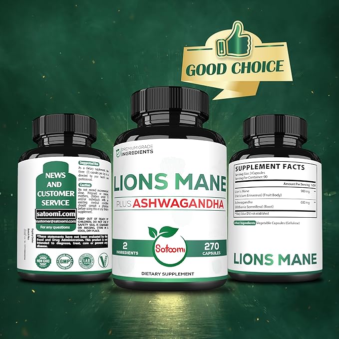 Satoomi Lions Mane Supplement Capsules with Ashwagandha Supplement - 270 Capsules - High Concentrated for Restful Mind, Brain Health, Immune System & Focus Support - Gluten-Free, Non-GMO