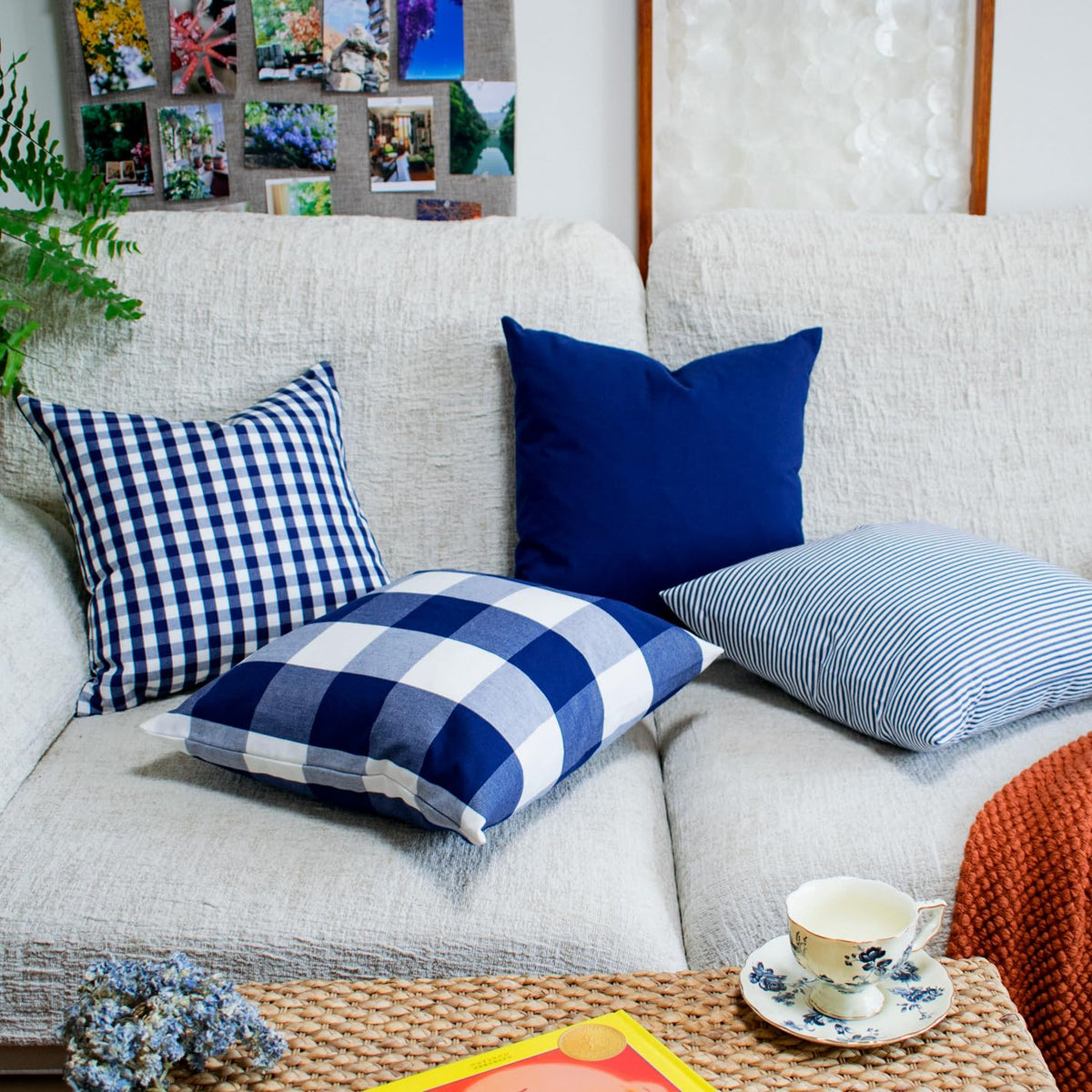 HOPLEE Navy Blue Decorative Pillow Cover 16x16 Pillow Cover with Buffalo Plaid, Solid Navy Blue, Tricking Stripe and Gingham Plaid Design 16x16 Inches Set of 4