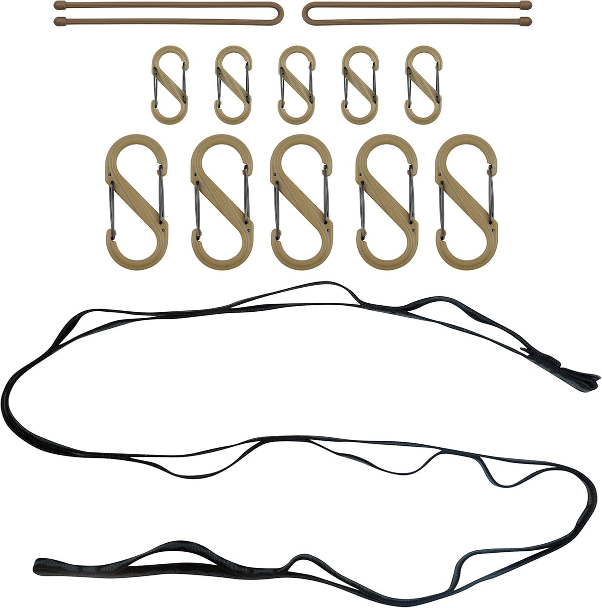 Nite Ize GearLine Hanging Organization System - Gear Ties for Camping, Hiking & Outdoor Activities - Webbing Line with S-Biner Clips & Bendable Ties - Camping Gear Organization - Coyote