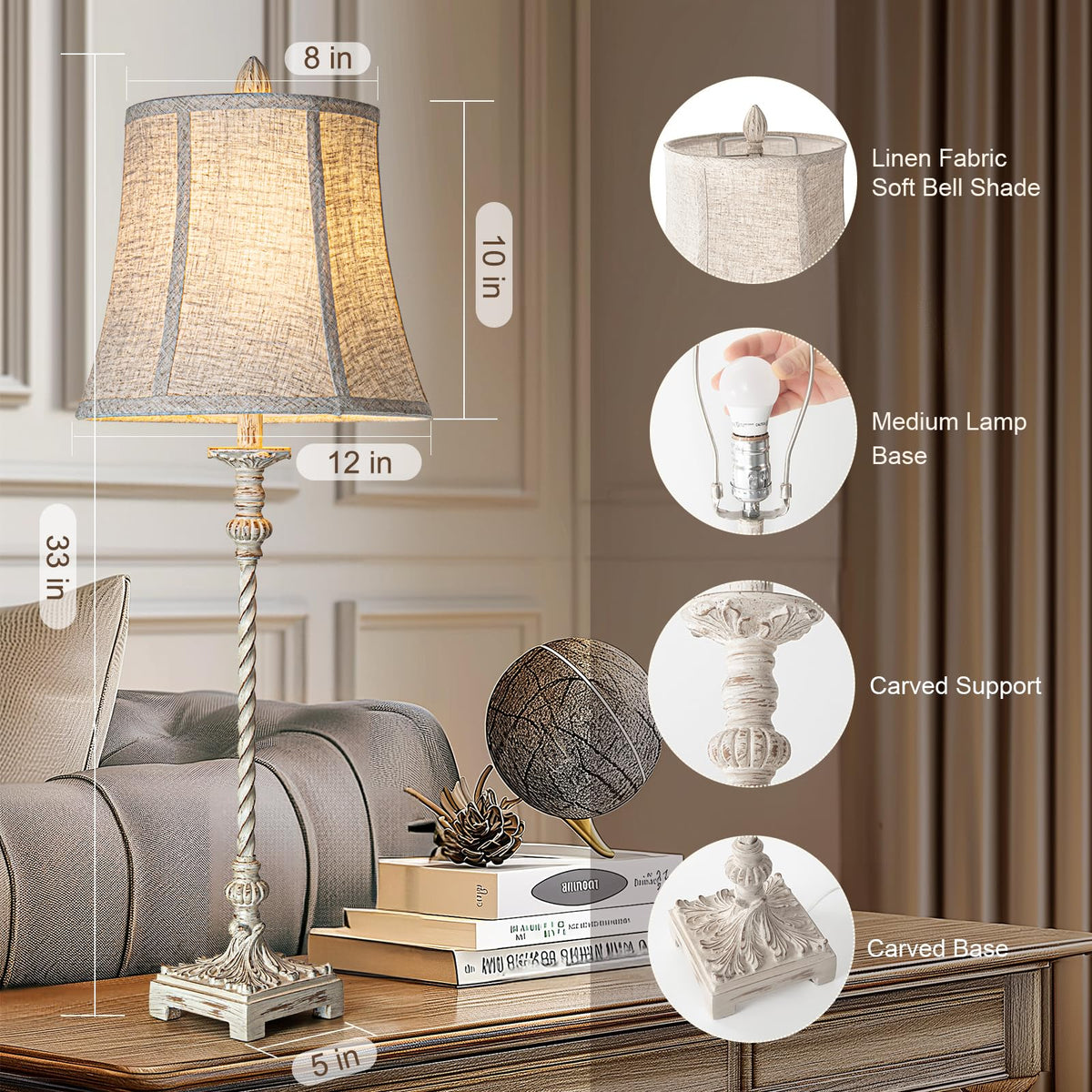 LuxSight European Country Vintage Style Candle Stick Buffet Table Lamps Set of 2, 33'' Tall Ivory White Linen Fabric Soft Bell Shade Stepless Dimming for Living Room Bedroom Dinning House Study Room