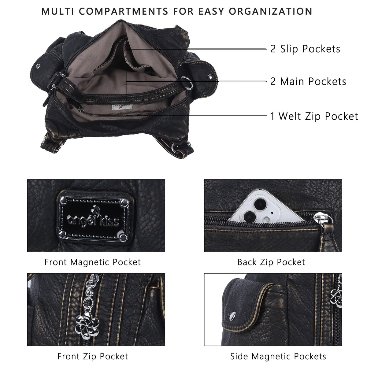 Angel Kiss Women Handbags Shoulder Bags Washed Leather Satchel Tote Bag Mutipocket Hobo Purse