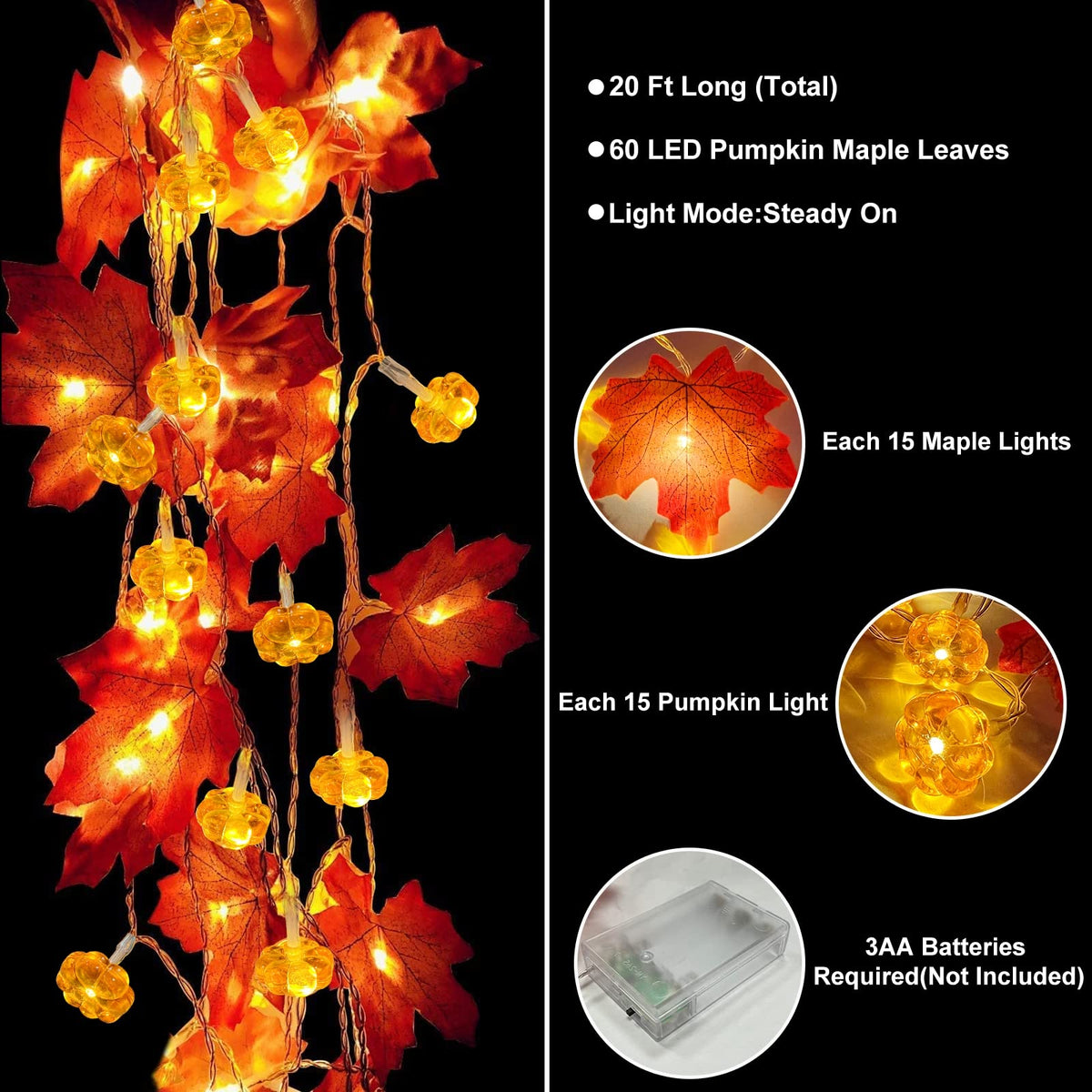2 Pack & Timer - Fall Garland with Pumpkin Lights Fall Decorations for Home 60 LED 20 Ft Enlarged Maples Leaves Fall Lights Battery Operated Halloween Thanksgiving Indoor Porch Bedroom Wedding Decor