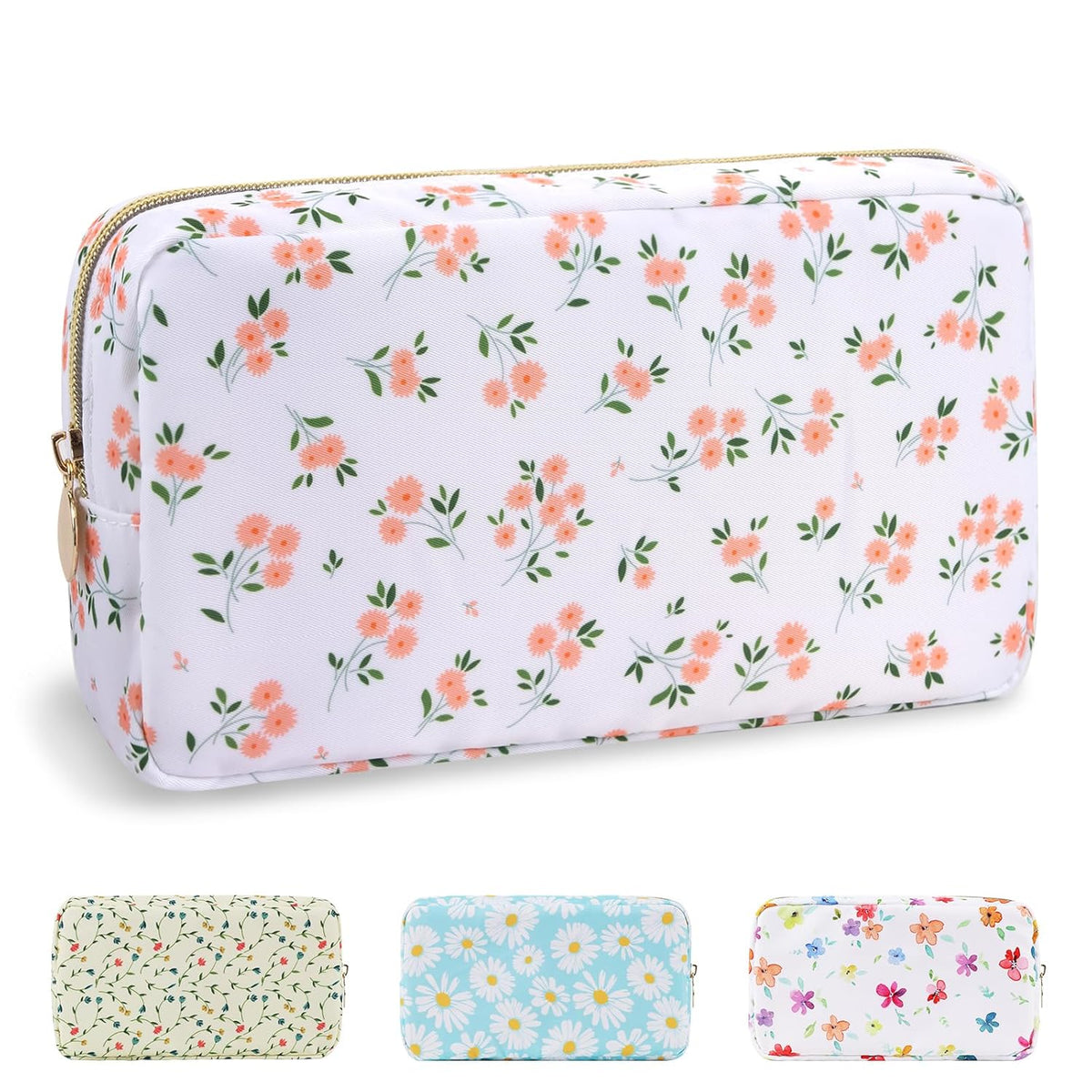 Waterproof Small Floral Makeup Bag Pouch for Purse,Nylon Flower Cosmetic Bag Preppy Travel Toiletry Storage Bag for Women Girl,Cute Makeup Organizer Bag Skincare Bag with Zipper(Small White-Flowers)