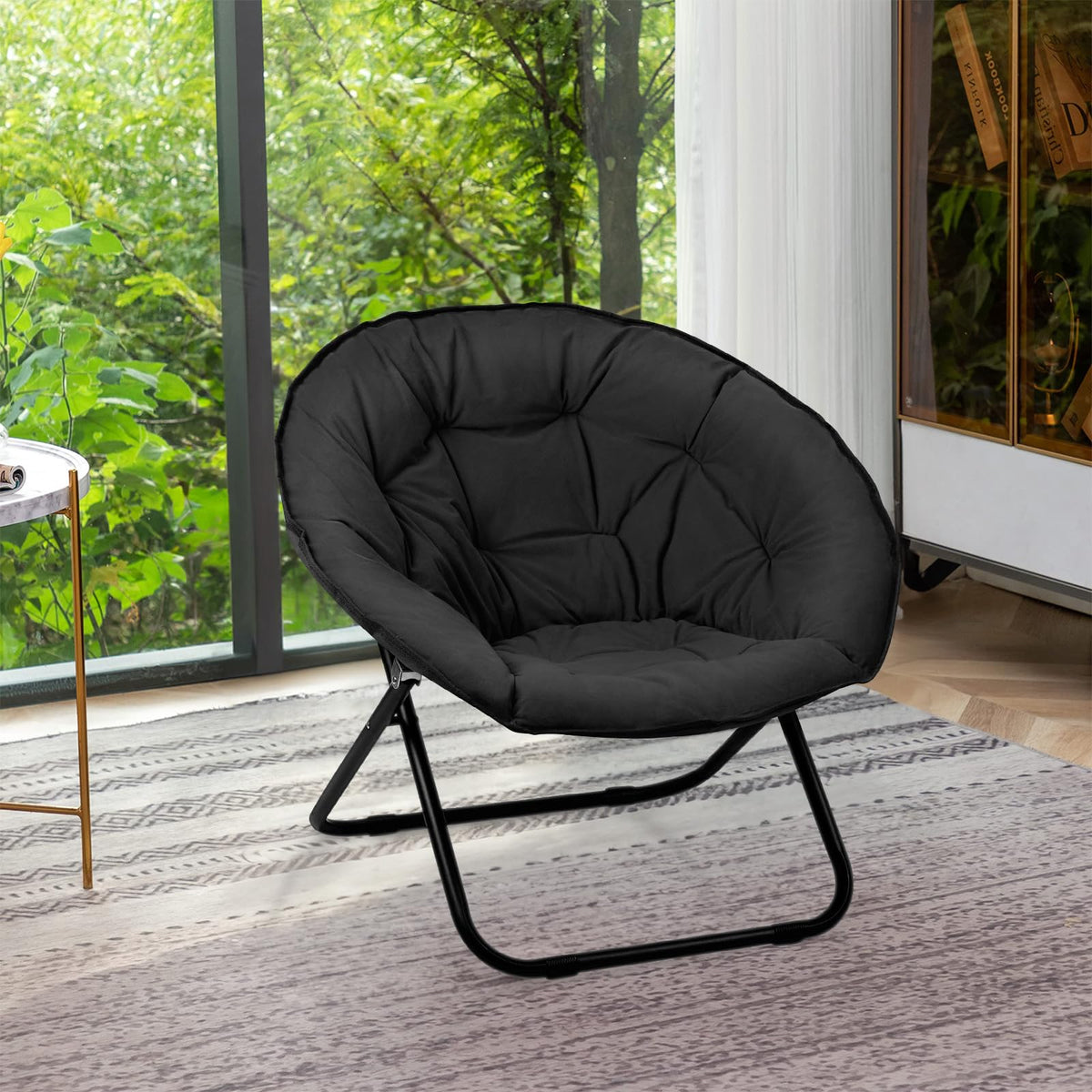 Folding Faux Fur Saucer Chair,Portable Folding Soft Moon Chair for Bedroom, Dorm Rooms, Apartments, Lounging, Garden and Courtyard, Black