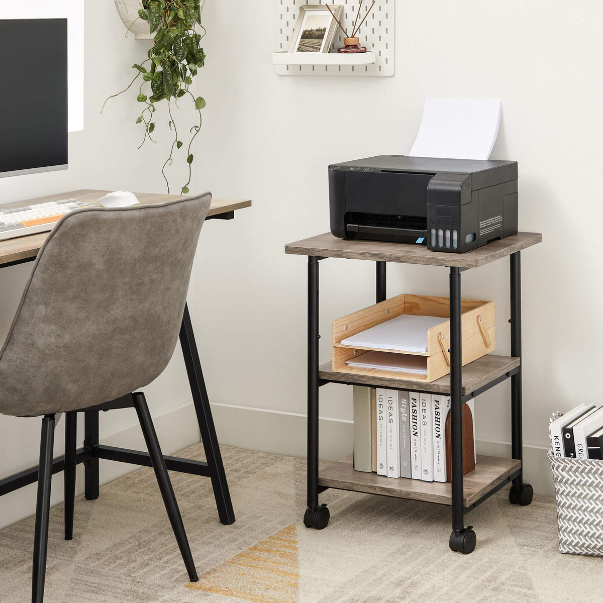 VASAGLE Printer Stand with Locking Wheels, 3-Tier Shelf, Industrial Under Desk Heavy-Duty Mobile Cart for Home Office, Heather Greige and Black UOPS003B02