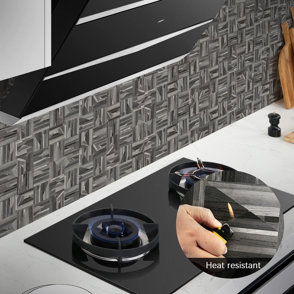 Midcard 10-Sheet Peel and Stick PVC Backsplash Tile, Black Grey Wood Triangle Puzzle