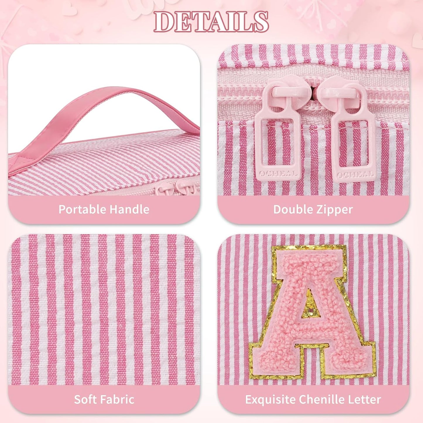 Travel Makeup Bag for Women, 2Pcs Portable Personalized Initial Makeup Organizer Bag, Open Flat Large Cosmetic Bag With Travel Essential Pouch (Pink Letter K)