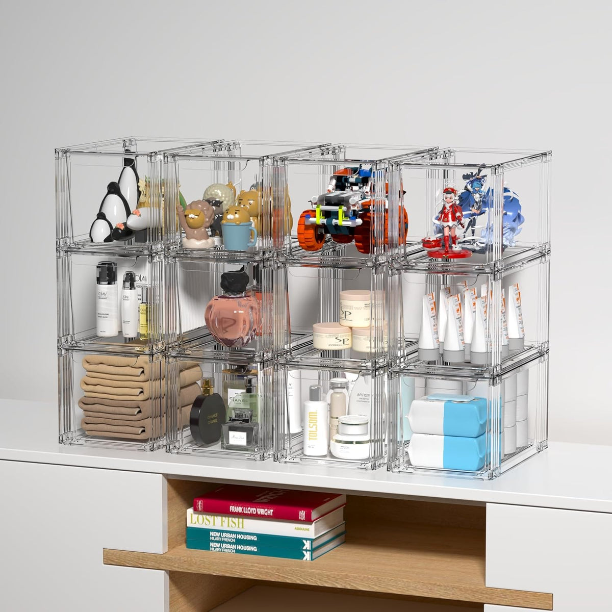 Stackable Kitchen Storage Drawers,Clear with Handles Acrylic Bathroom Makeup Organizer Bins,Easily Assemble,For Vanity, Undersink, Kitchen Cabinet,Pantry Organization and Storage (4Pack)