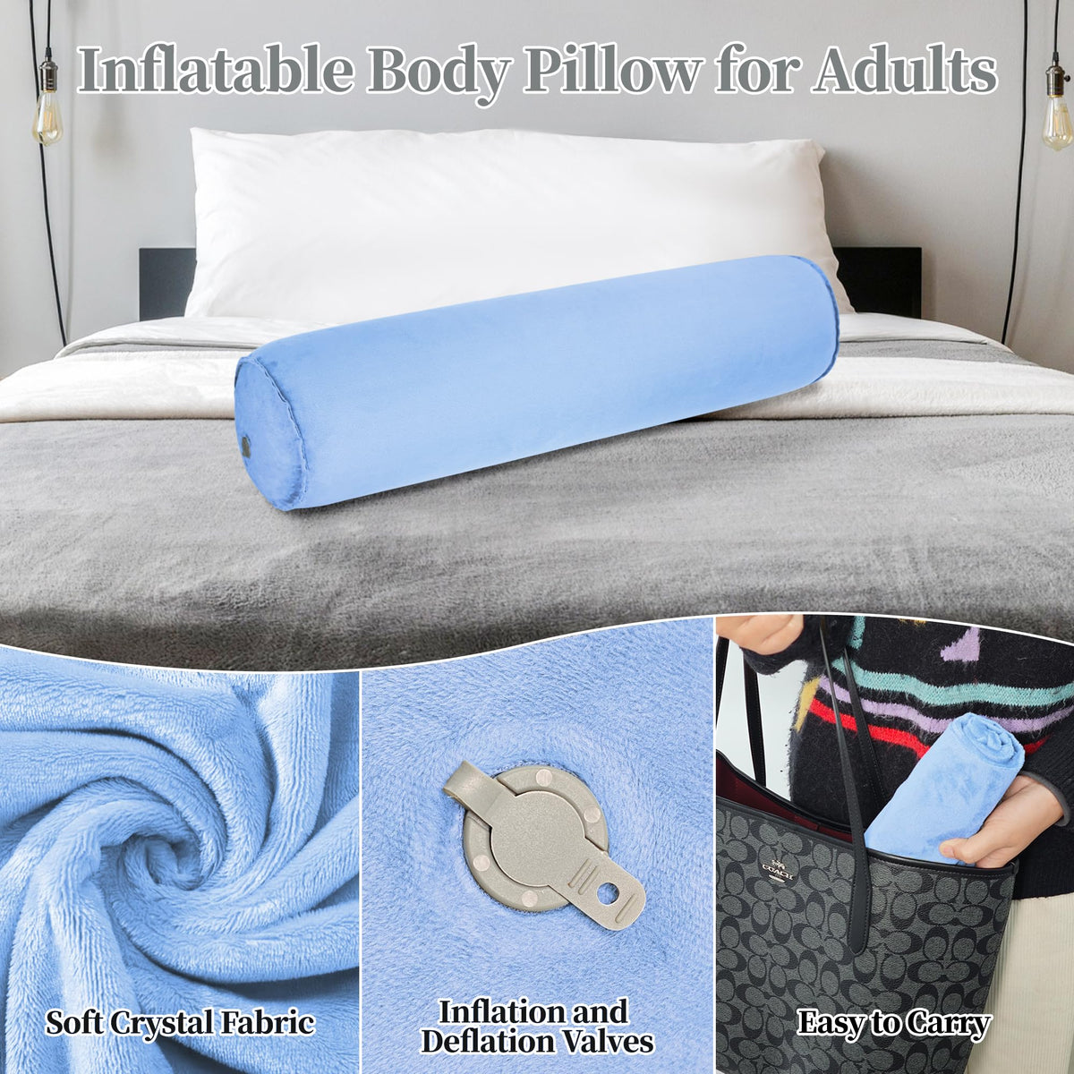 YEEKORO Inflatable Body Pillow for Adults Kids, 47 Inch Body Pillows for Side Sleeper, Travel Body Pillow for Bed, Bolster Pillow, Round Cervical Cylinder Pillow for Sleeping
