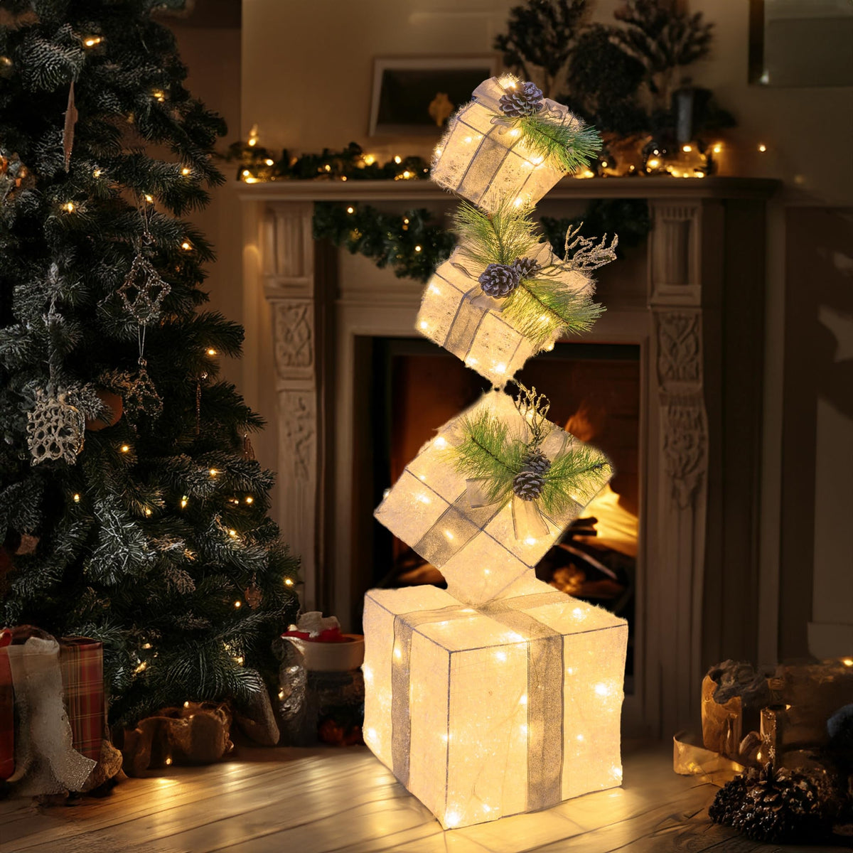 Hourleey Set of 4 Christmas Lighted Gift Boxes, 3FT Pre-lit 70 LED Stackable Light Up Present Boxes Ornament, Xmas Tinsel Boxes Decorations for Indoor Outdoor Home Yard Lawn Décor