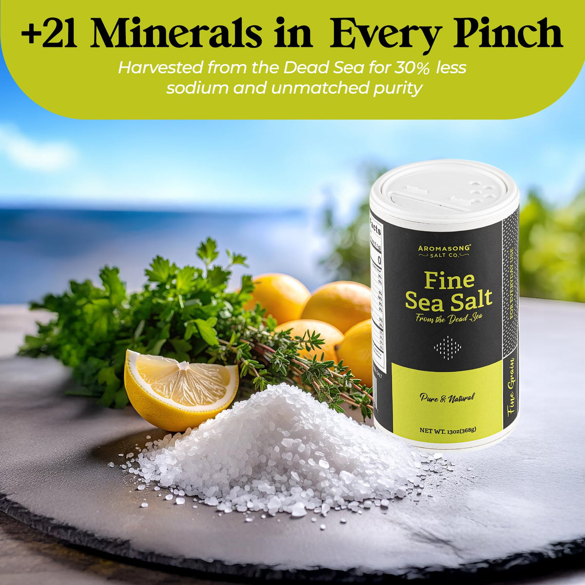 Aromasong 100% Natural Sea Salt from the Dead Sea, Fine Grain Table Salt, 13 OZ. Salt Shaker, 100% Pure & Natural, Unrefined, Gluten Free, Sea Salt for Daily Cooking