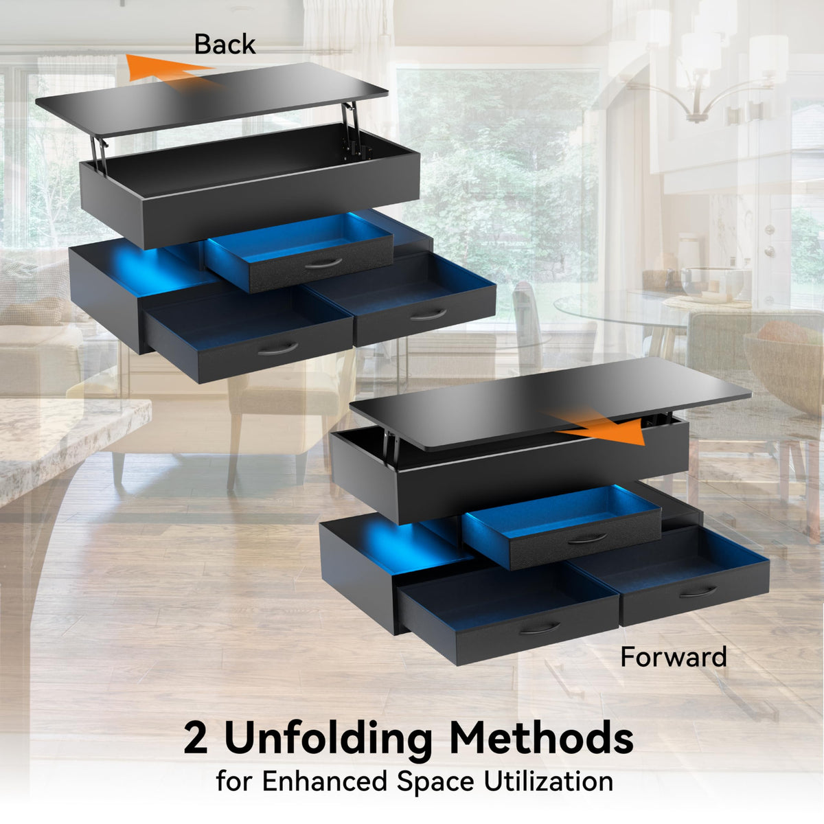 Oransail 40" Lift Top Coffee Table with 3 Fabric Storage Drawers and Hidden Compartmen, LED Coffee Table, Farmhouse Coffee Tables for Living Room, Dining Room