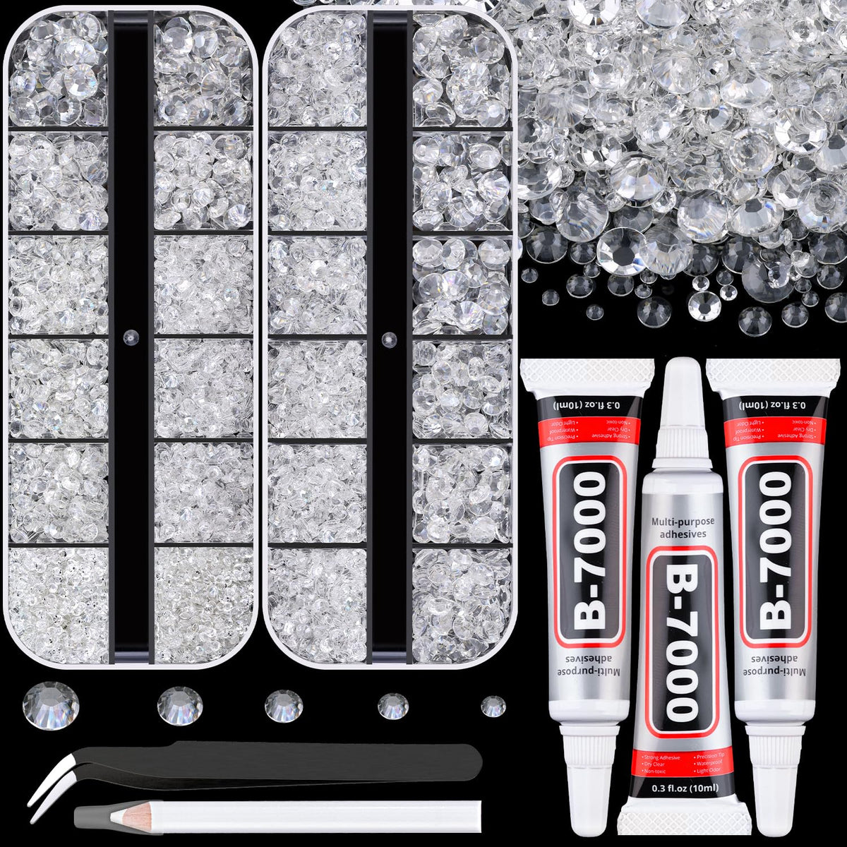 Resin Rhinestones for Crafting with B7000 Jewelry Glue, 2 Boxes Transparent Flatback Crystals with 3Pcs 10ml Glue for Bedazzling Crafts DIY Nail Art Makeup, Gems for Clothing Shoes