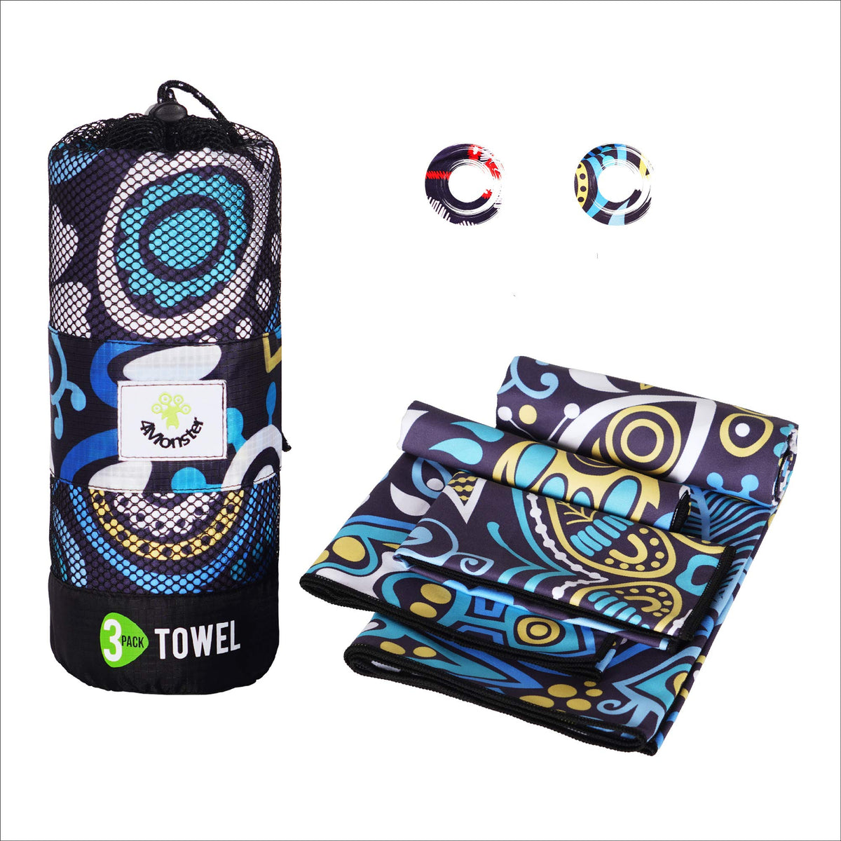 4Monster Camping Towels 3 Size at 1 Pack,Quick Dry Microfiber Towel,Beach Travel Towel Ultra Compact,Soft Gym Towel for Hiking Yoga Travel Sports Backpacking Trip and Pool