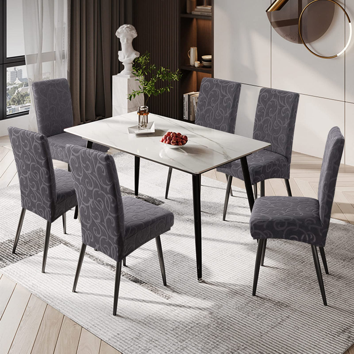 Genina Waterproof Dining Room Chair Covers Stretch Parsons Chair Slipcovers for Dining Room Kitchen Chair Protector Cover, Removable, Washable (4, Flower Pattern-Dark Gray)