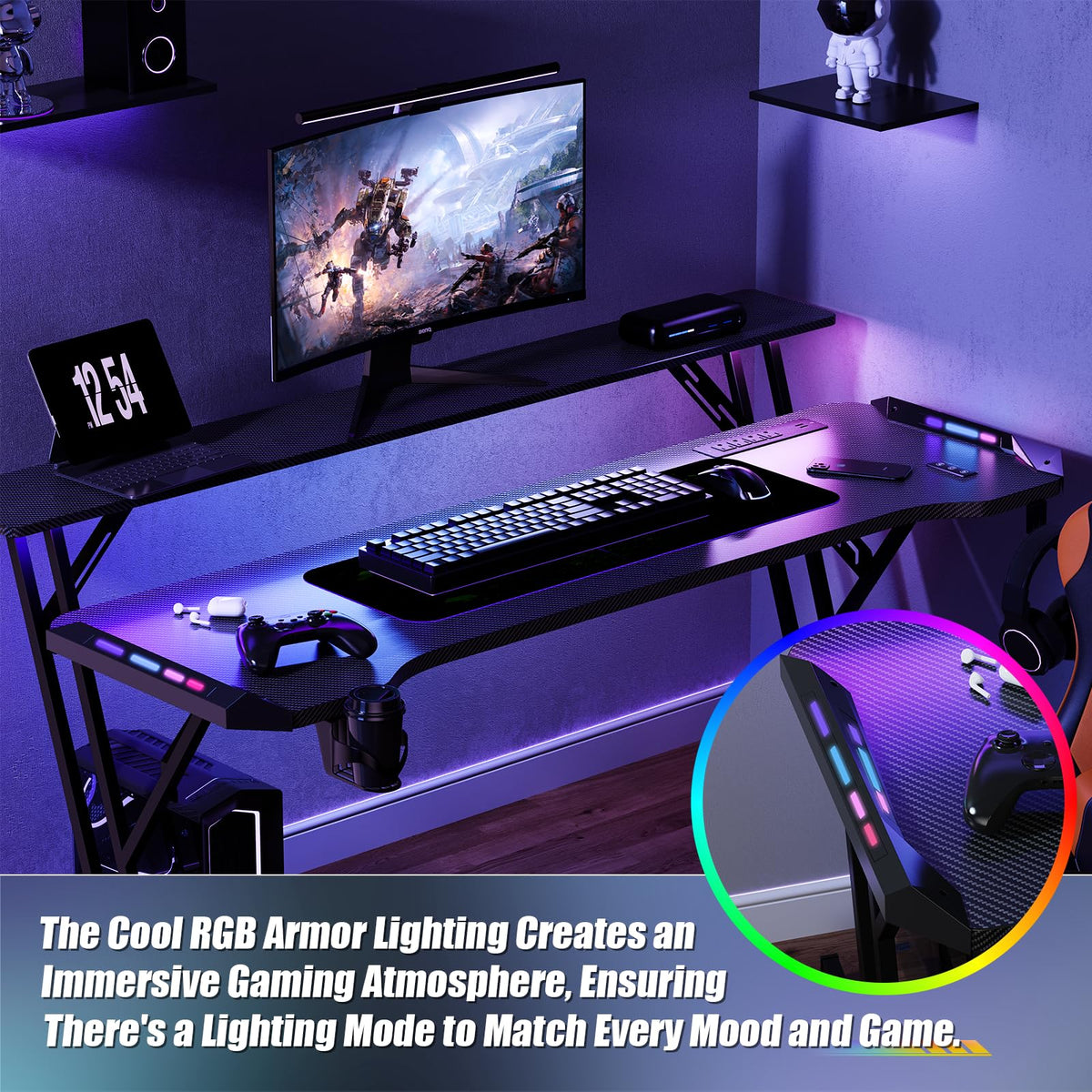 VidaTeco 63 Inch Smart Gaming Desk, Gamer Computer Desk with Phone-Controlled LED Lights & Mouse Pad, Power Outlet, Monitor Stand, Side Hook, Ergonomic Work Desks for Home Office, Carbon Fiber Black