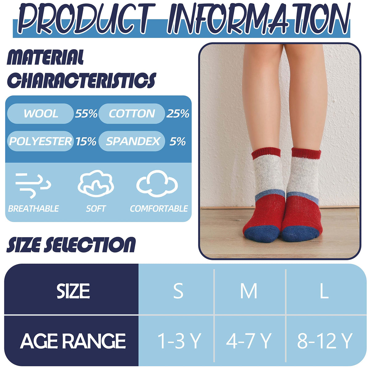 EBMORE Kids Merino Wool Socks for Toddlers Boys Girls Warm Thermal Winter Thick Hiking Heavy Cozy Crew Boot Socks 6 Pairs （Color Block,1-3 Y