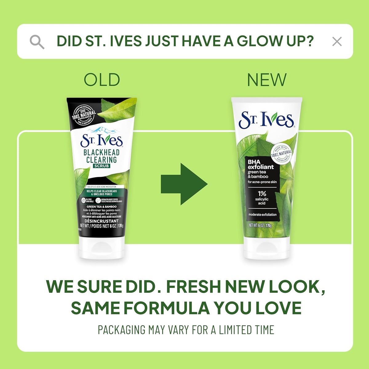 St. Ives Blackhead Clearing Face Scrub, Clears Blackheads & Unclogs Pores, Green Tea & Bamboo, Salicylic Acid Acne Treatment Facial Scrub, Moderate Exfoliator Skin Care with Natural Exfoliants 6 oz