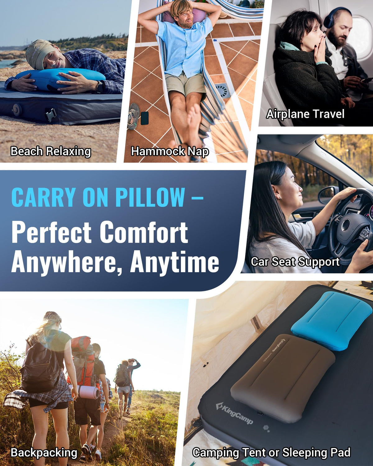 KingCamp Camping Pillow, Extra Large Inflatable Travel Pillow with Air Chamber & Removable Memory Foam Cover Lightweight & Super Comfort for Tent Road Trip Airplane Sleeping Solution Backpacking