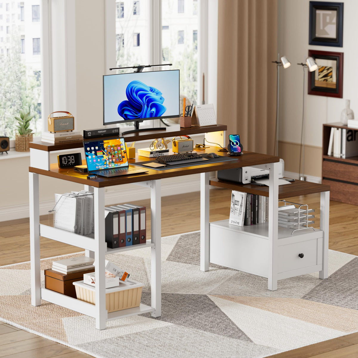 White Farmhouse Office Desk with Drawer & Power Outlets, Wood Computer Desk Monitor Stand for Bedchamber Study, Home Office Table with LED Strip for Working Writing Gamin