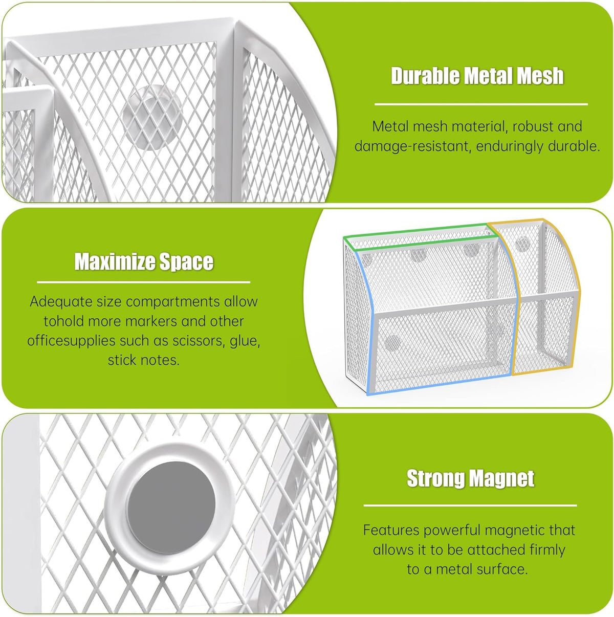 YINGHUA Strong Magnetic Pen Holder for Whiteboard and Refrigerator 3 Compartments Metal Mesh Organizer Space Saving Shelf for Office School Home and Locker - White