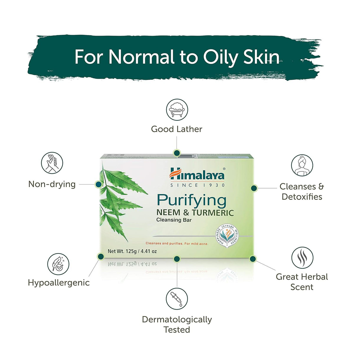 Himalaya Purifying Neem & Turmeric Cleansing Bar for Clean and Healthy Looking Skin, 4.41 Oz (125 gm) (Pack of 2)