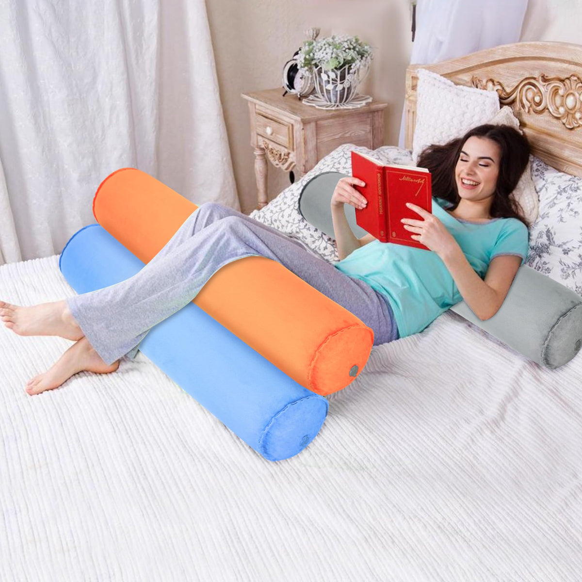 YEEKORO Inflatable Body Pillow for Adults Kids, 47 Inch Body Pillows for Side Sleeper, Travel Body Pillow for Bed, Bolster Pillow, Round Cervical Cylinder Pillow for Sleeping