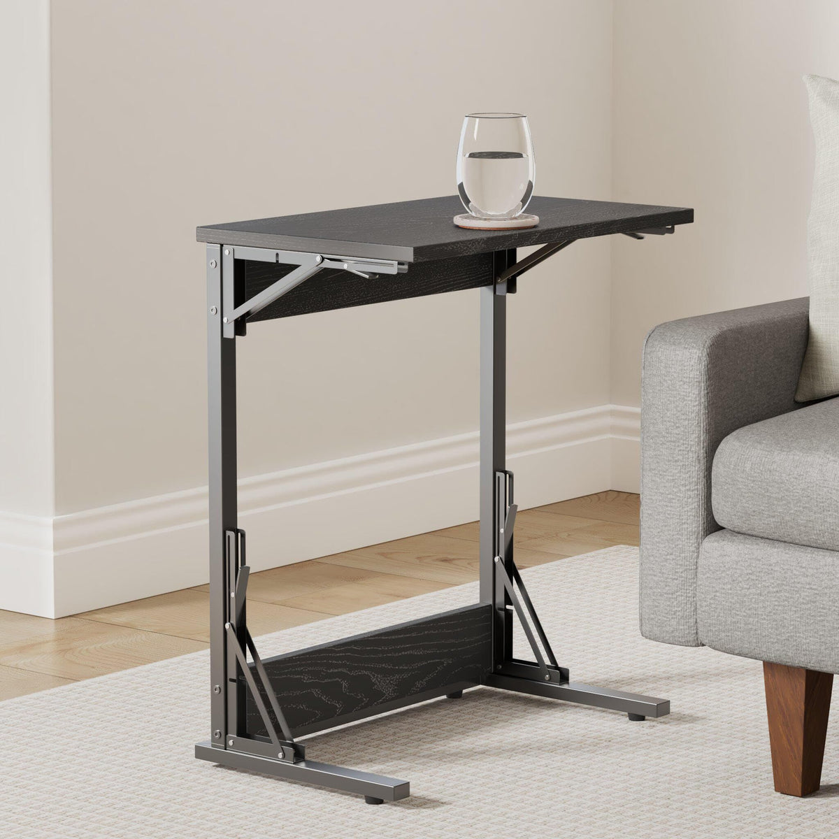 Tatub 24" Folding C Shaped End Table Set of 2, Small Sofa Side Laptop Desk, Couch TV Tray Table for Living Room, Bedroom, Black