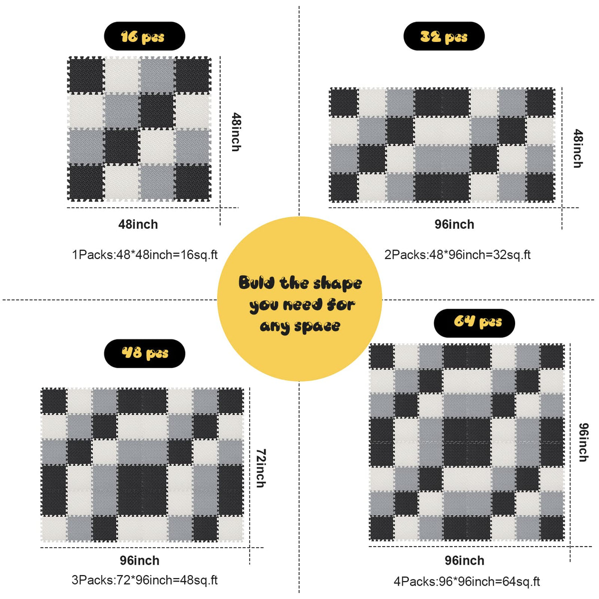 Shihanee Foam Floor Baby Tiles Foam Floor Mats Play Mats Bulk with Borders Interlocking for Kids Baby Playroom Nursery Gym (Black, White and Gray,64ft)