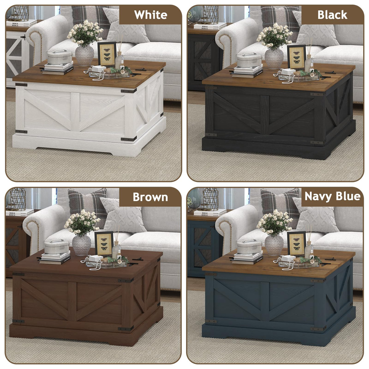 REVOMINCA Farmhouse Coffee Table with Hidden Storage Compartment, Black Square Coffee Table for Living Room, Wood Center Table with Hinged Lifting Tabletop for Home