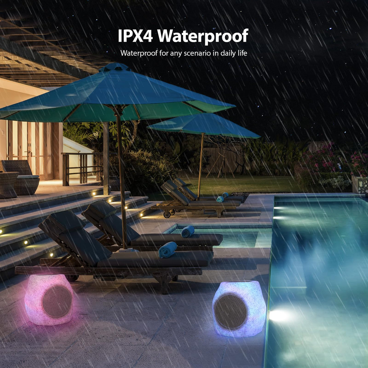 Reatsoc Outdoor Solar Rock Bluetooth Speakers with Colorful Lights, Deep Bass IPX4 Waterproof Speaker, Solar-Powered, TWS Paring, Perfect for Pool Garden and Outdoor Activities - Marble 2 Pack