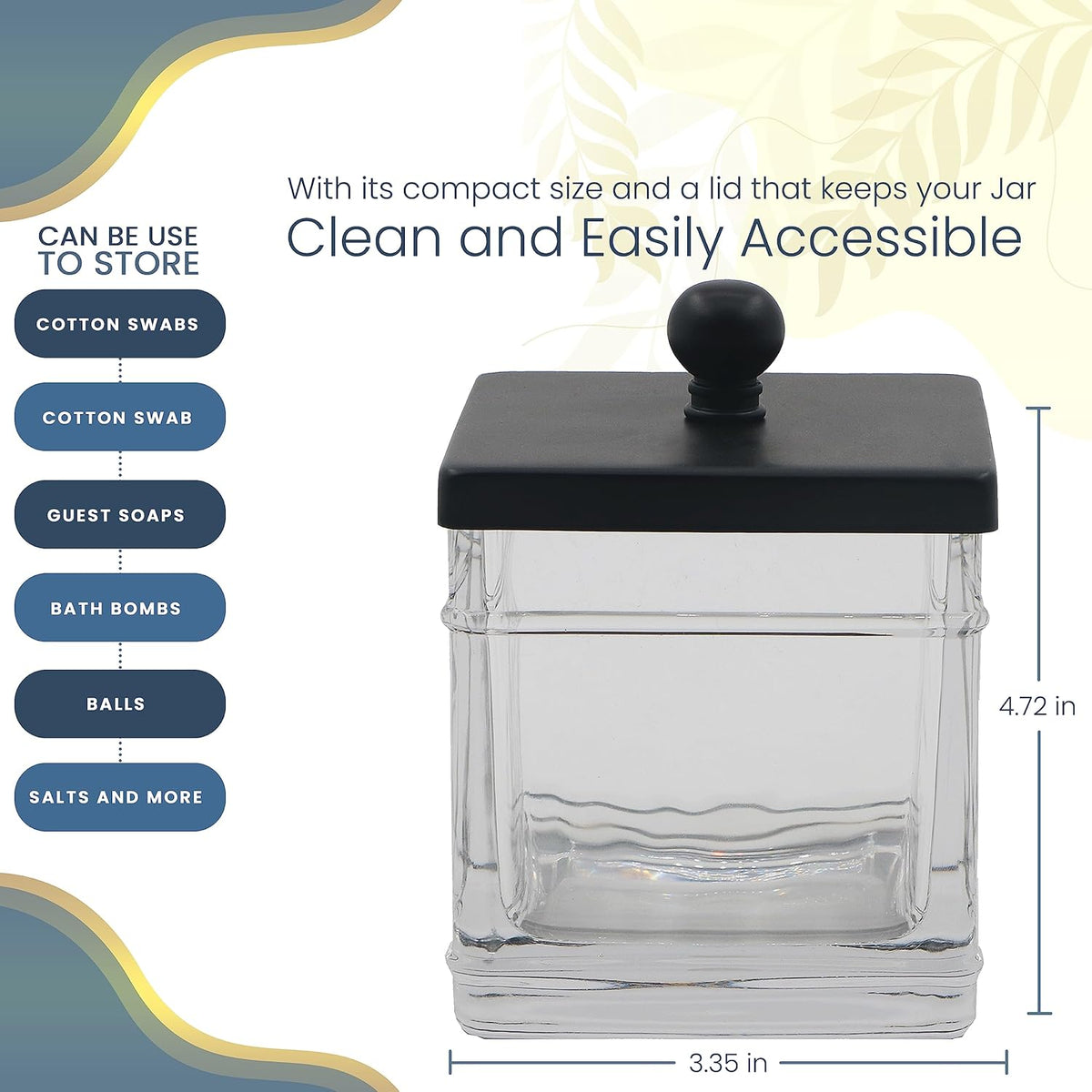 H Halston Apothecary Glass Cotton Jar Holder for Qtips, Cotton Balls, Floss, Storage Canister, Bathroom Organization, With Matte Black 304L Stainless Steel Lid, Makeup Vanity Organizer