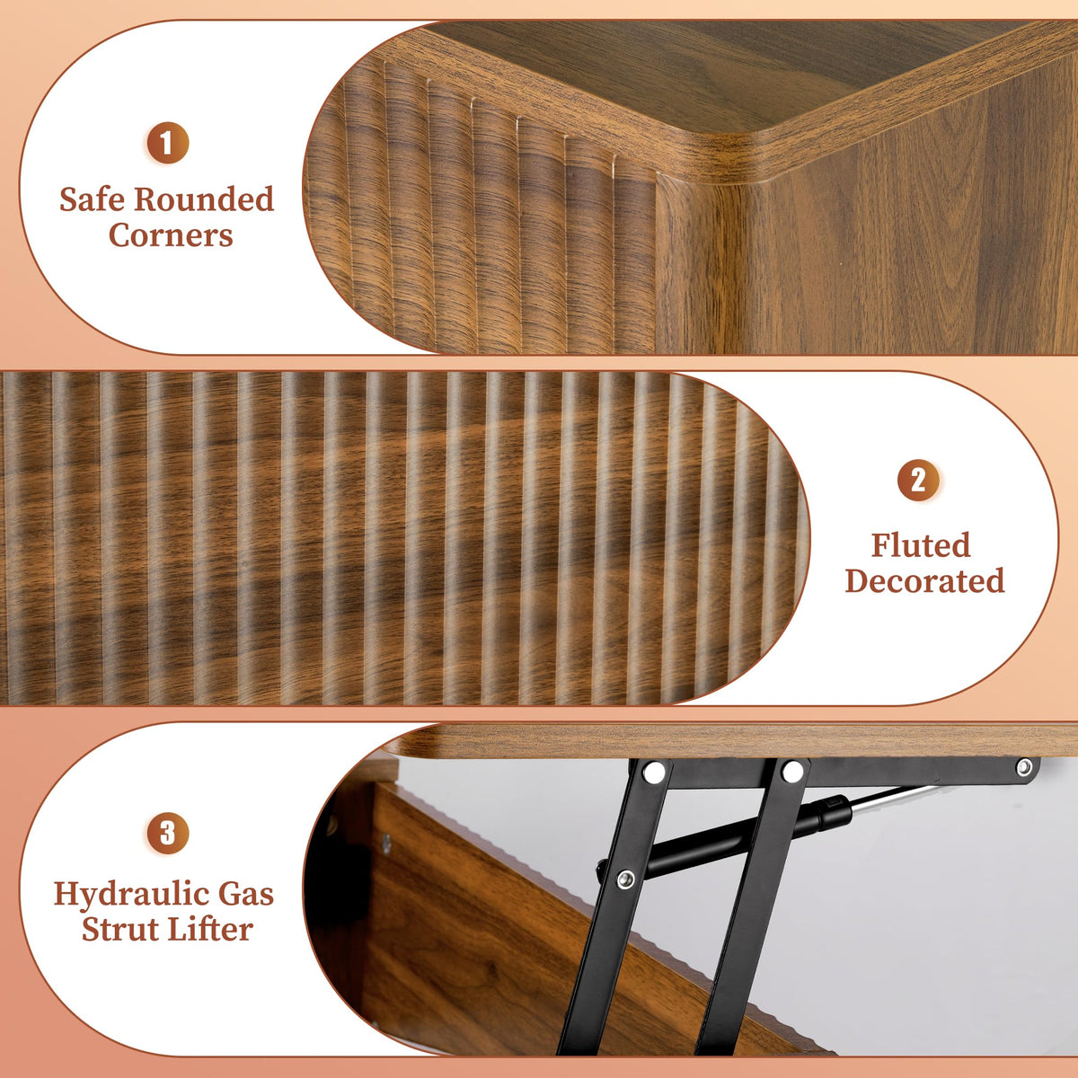 LYNCOHOME Fluted Coffee Table with Hidden Compartment, Wood Lift Top Coffee Tables, Modern Center Table for Living Room, Home Office（Walnut）