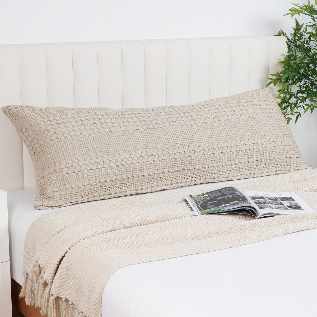 PHF 100% Cotton Waffle Body Pillowcase with Zipper, 1 Pack 20" x 54" Soft Skin-Friendly Pillow Sham, No Filling, Aesthetic Woven and Breathable Waffle Weave Body Pillow Cover for Bed, Oatmeal