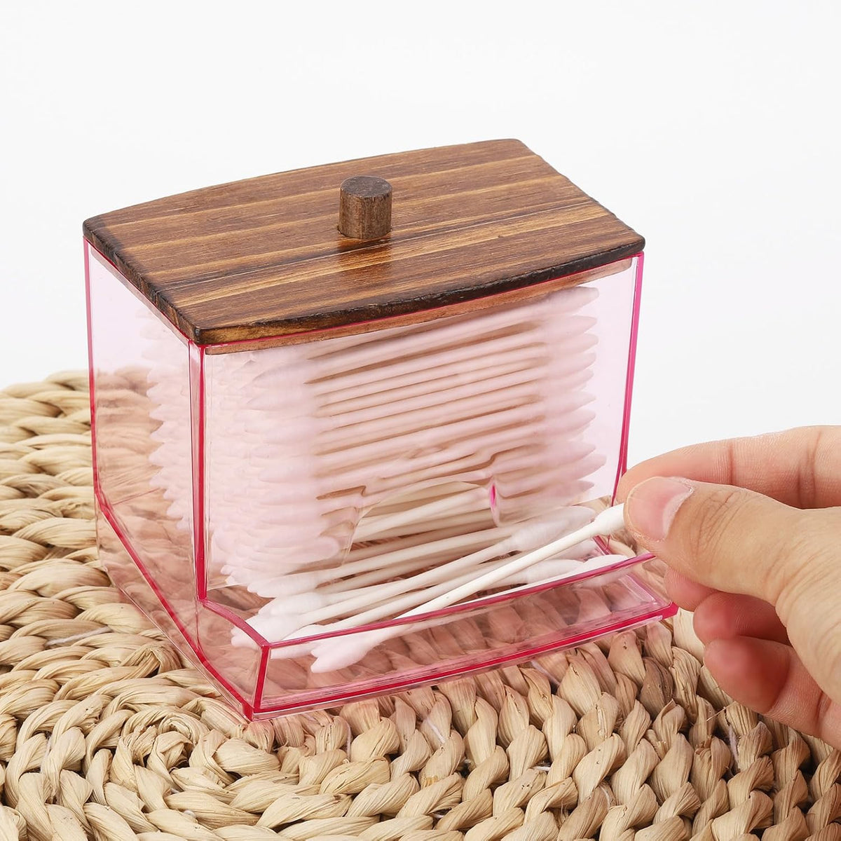 Tbestmax 10oz Qtip Dispenser, Big Cotton Swab Holder Pink Bathroom Accessories Organizer for Storage - Qtips Cotton Ball, Floss Container (Wood Lid)