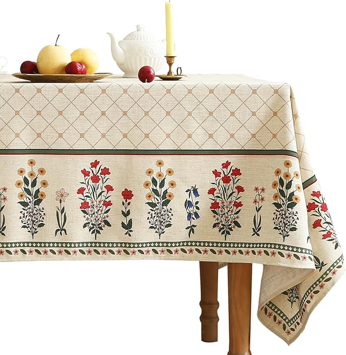 ISAENNE Designer Vintage Linen Floral Extra Long Rectangle Tablecloth,Fall Colorful Modern Table Cloth,Anti-Wrinkle Decor Tablecloths for Dining Thanksgiving Kitchen Christmas,63"*110"-Bertina E