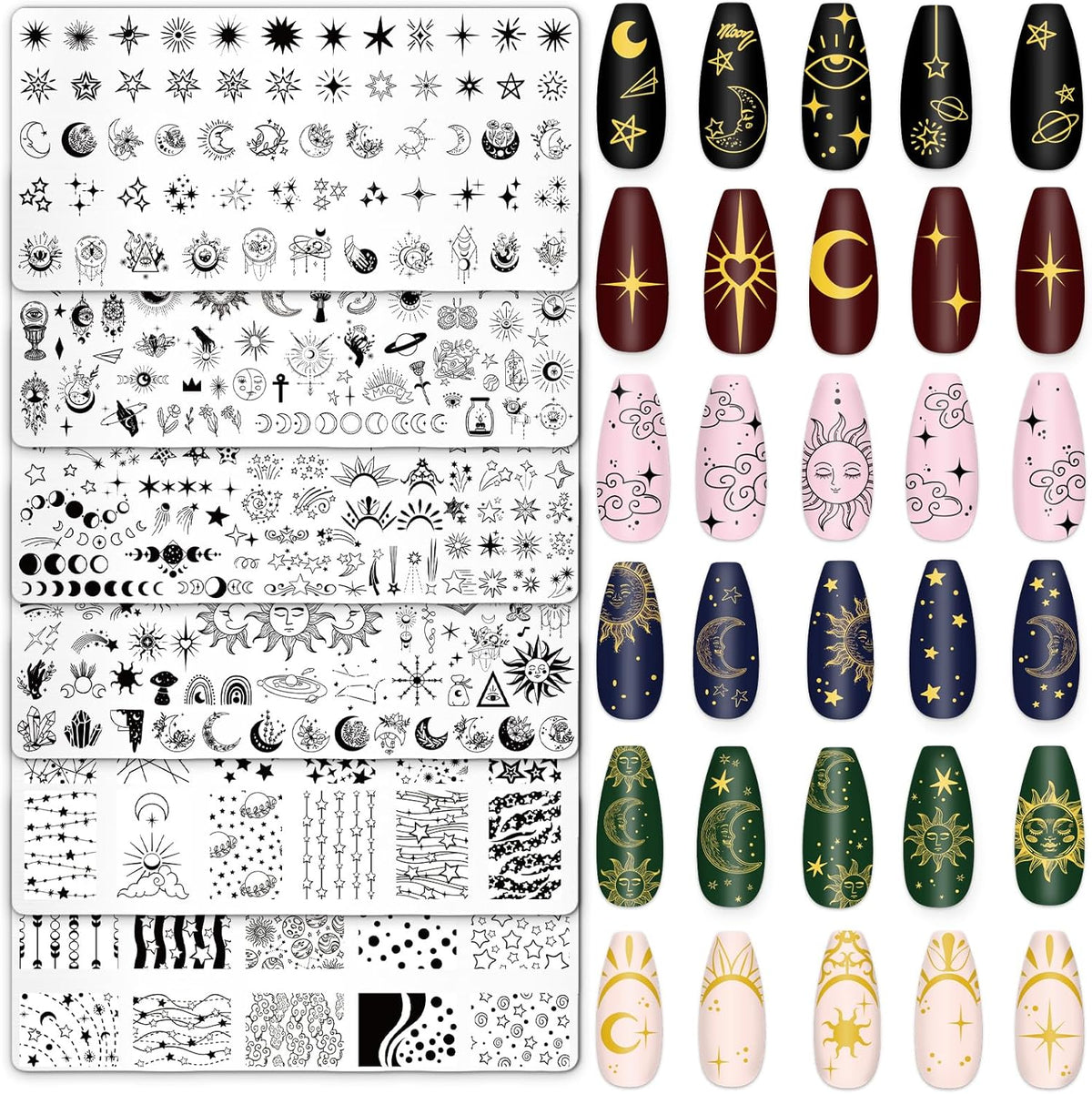 Whaline 6Pcs Sun Moon Star Nail Plates Stamping Set Groovy Stamp Templates Nail Art Plates for DIY Print Manicure Salon Design Gift Supplies
