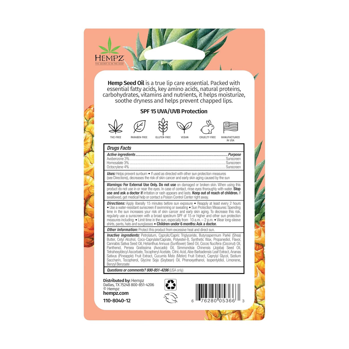 Hempz SPF 15 Lip Balm, Sweet Pineapple & Honey Melon Herbal Soothing Lip Care, for Men or Women .44 oz.