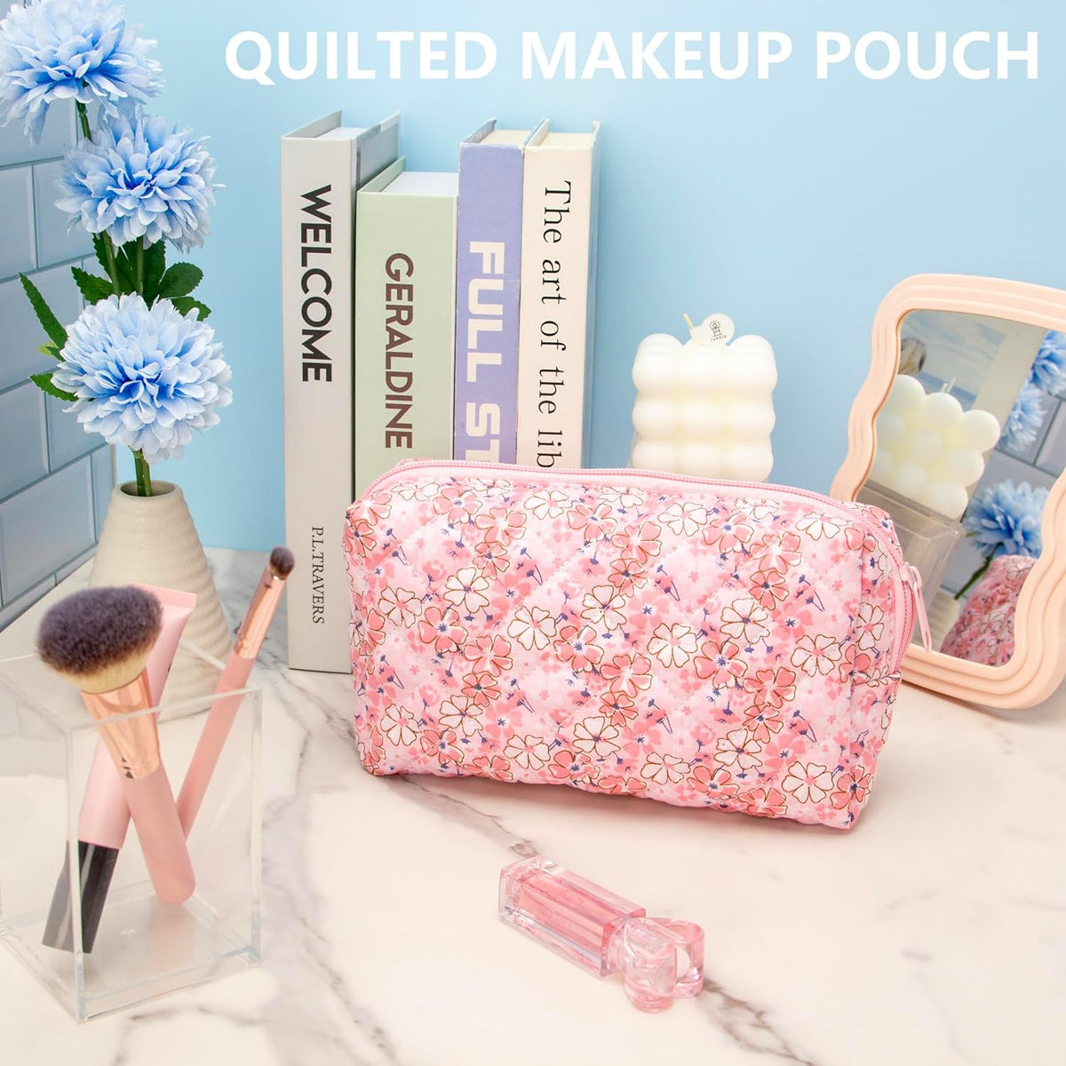 PAZIMIIK Vintage Quilted Makeup Bag Cosmetic Pouch for Brushes Pencils and Travel Make Up Accessories for Women and Girls Floral Pink