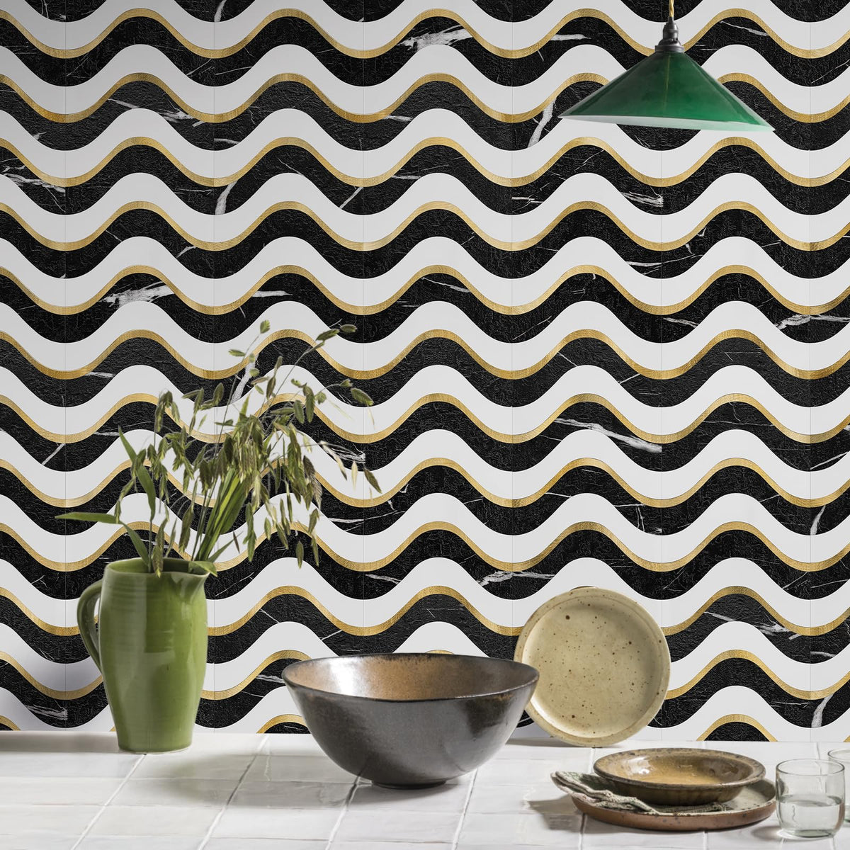 Vamos Tile 10-Sheet Peel and Stick Backsplash Seamless Tile,Stick on Backsplash for Kitchen and Bathroom, Black Marble Look+ Pure White PVC Mixed Metal Gold Self Adhesive Wall Tiles