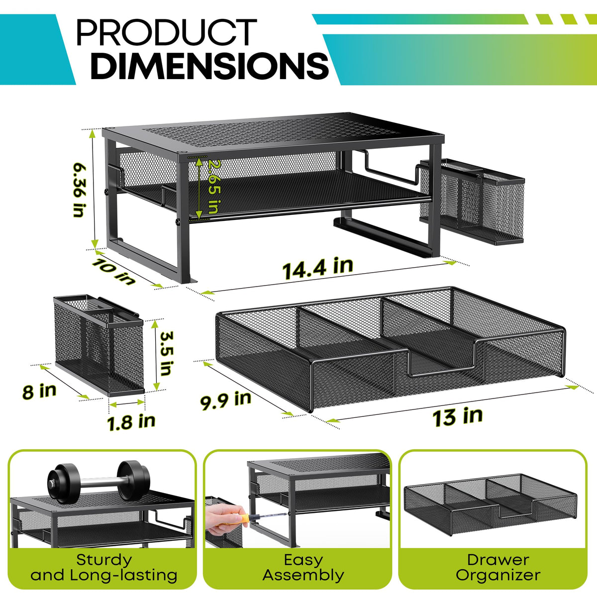 MINDEPOT 2 Tier Computer Monitor Stands with Drawer and 2 Pencil Holder, Metal Monitor Stand, Office Desk Accessories Workspace Desktop Organizers for Office Supplies, Black