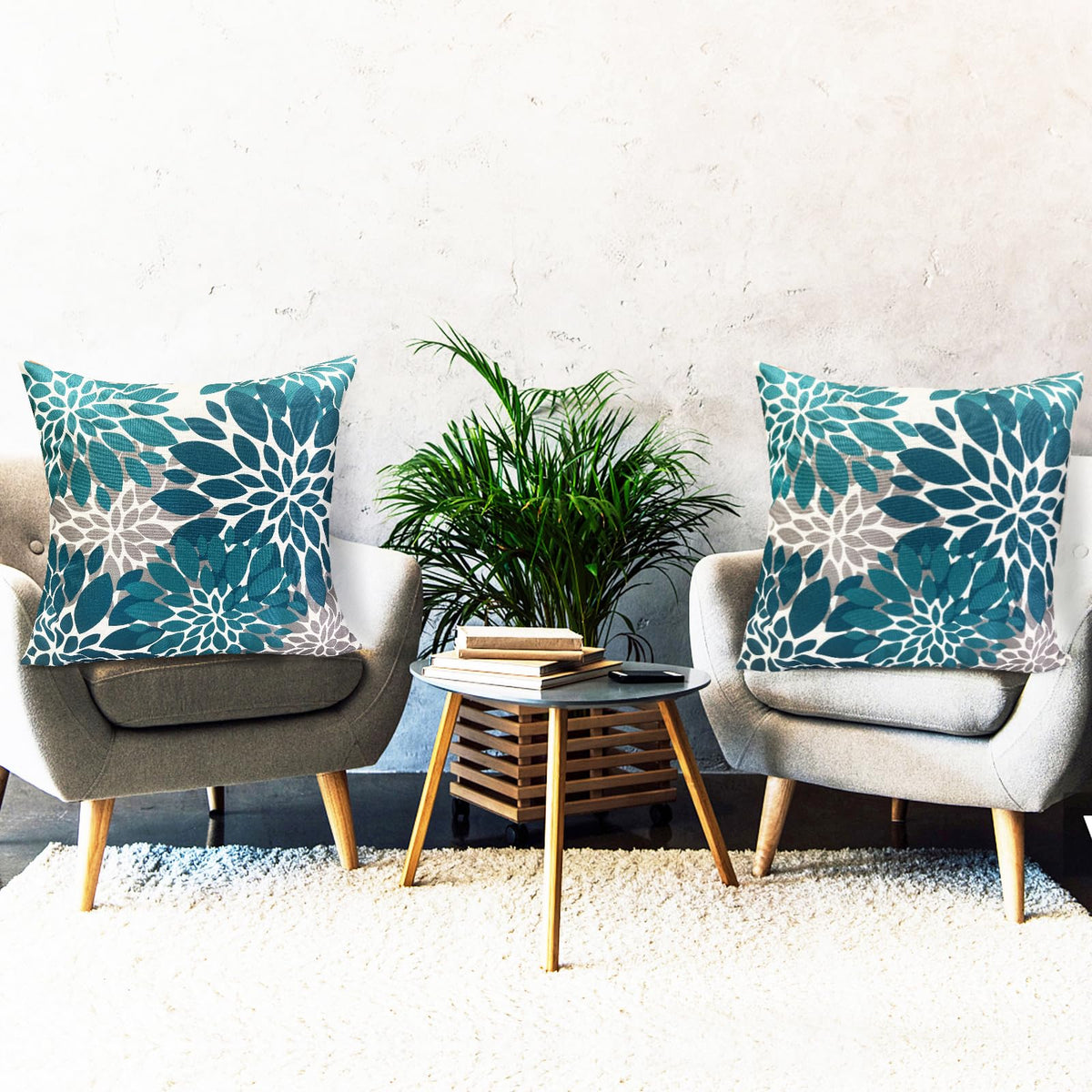 RYSMIYOU Decorative Throw Pillow Covers Set of 2 Teal Blue pillow covers 18x18 inch Throw Pillow Cases Linen Square Pillow Case,Farmhouse Outdoor Floral Flower Pillow Covers for Couch Sofa Living Room