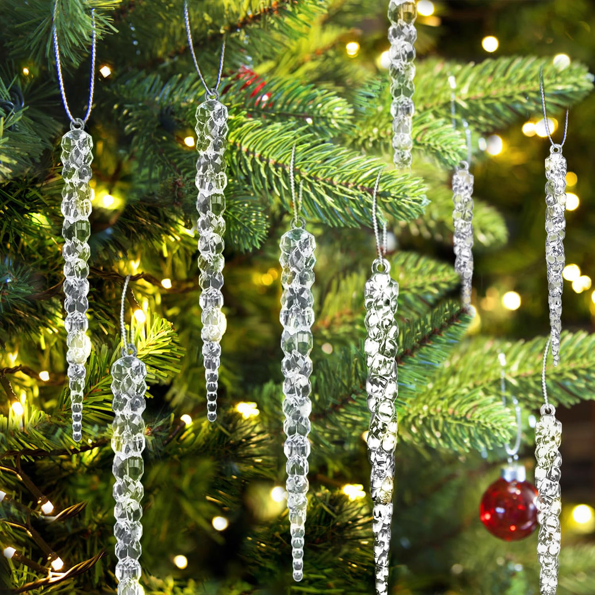 Jishi 24pk Christmas Icicle Ornaments for Christmas Tree Decorations, Hanging Acrylic Crystal Christmas Ornaments 5.1" Clear Plastic Icicles for Christmas Tree, Winter Wonderland Decorations Supplies