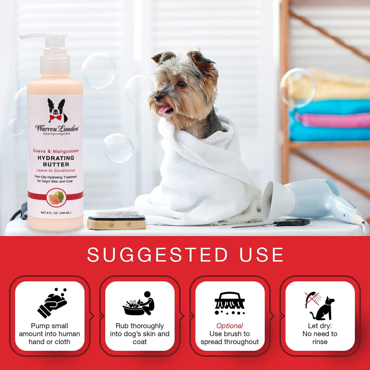 Warren London Hydrating Butter Leave in Pet Conditioner for Dogs | Lotion for Skin and Coat | Aloe Puppy & Dog Conditioner for Hair Detangler, Dry Skin, & Pet Fur Dandruff | Made in USA | Guava 8oz