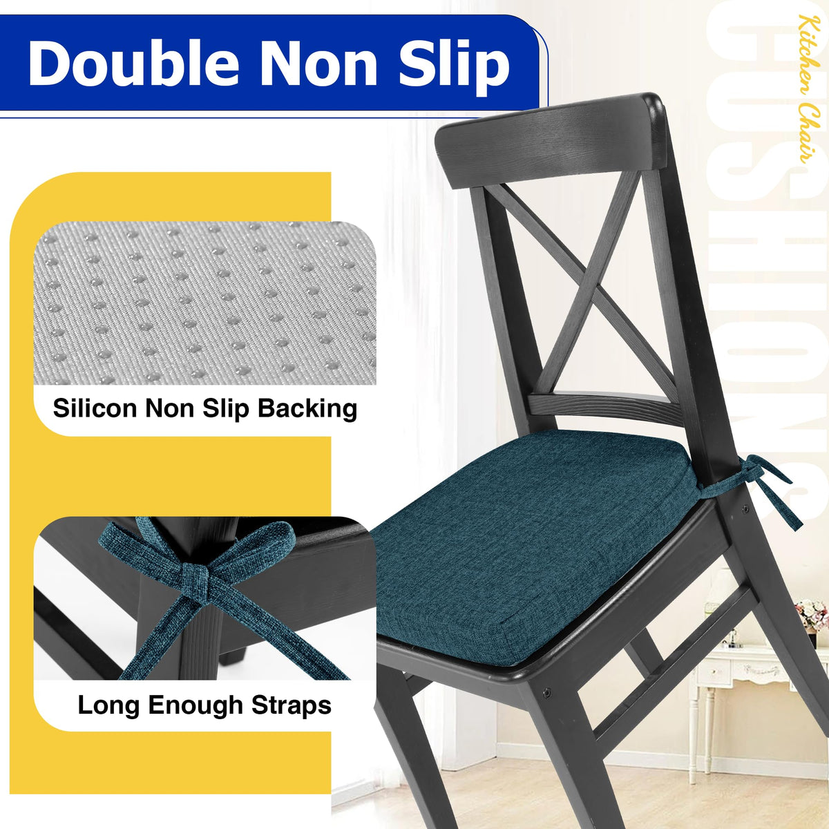 Tromlycs Chair Cushions for Dining Chairs Set of 4 with Ties Chair Seat Pads for Kitchen and Indoor Dining Chairs Non Slip 16"x16.5"x2", Blue