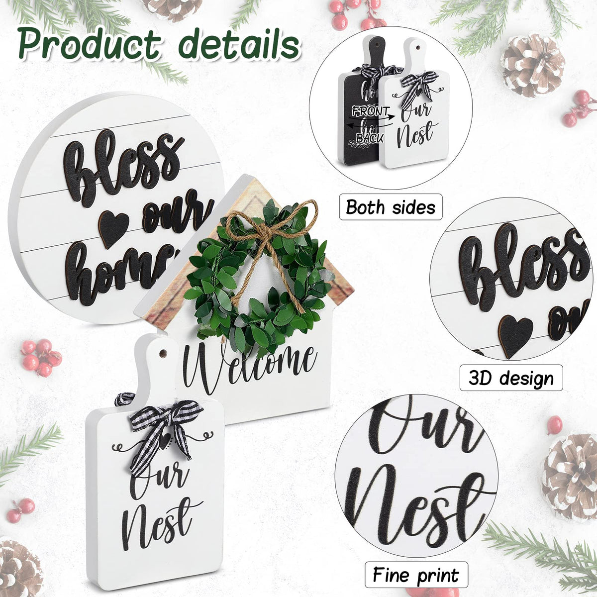 4 Pieces Farmhouse Tiered Tray Decor Set Including House Farmhouse Sign Wooden Small Items Plaid Wood Bead Garland for Home Decor(Simple Style)