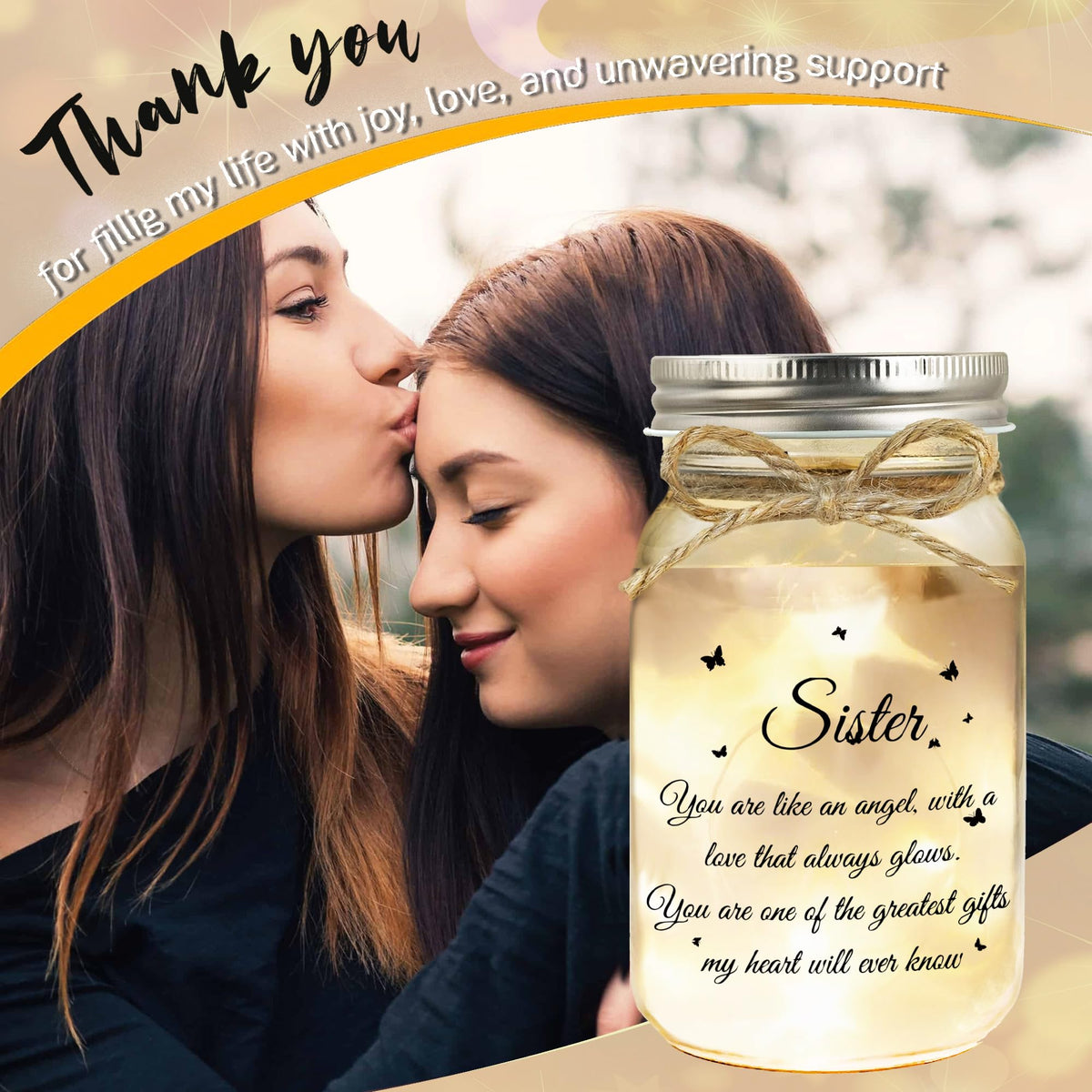 Hua Feishang Sister Gifts - Mason Jar with Warm Lights, Soul Sister Gift for Women, Sister Birthday Gifts, Decorations Present for Thanksgiving Christmas Anniversary