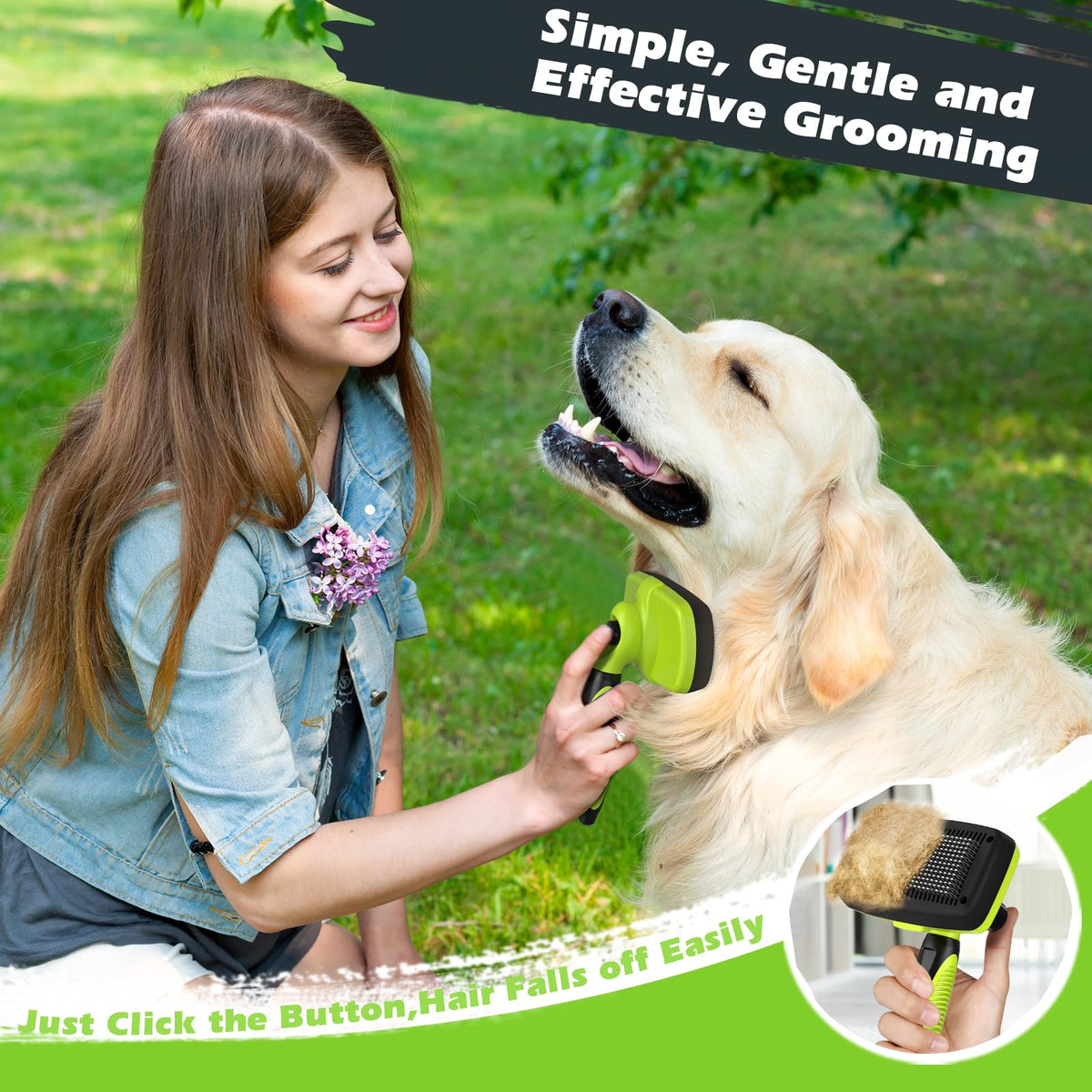 Augwind 3PCS Self Cleaning Slicker Brush & Pet Grooming Rake & Bath Brush for Dogs and Cats | Skin Friendly Deshedding Grooming Tool & Double-Sided Dematting Tool | Premium Pet Supplies (Green Black)