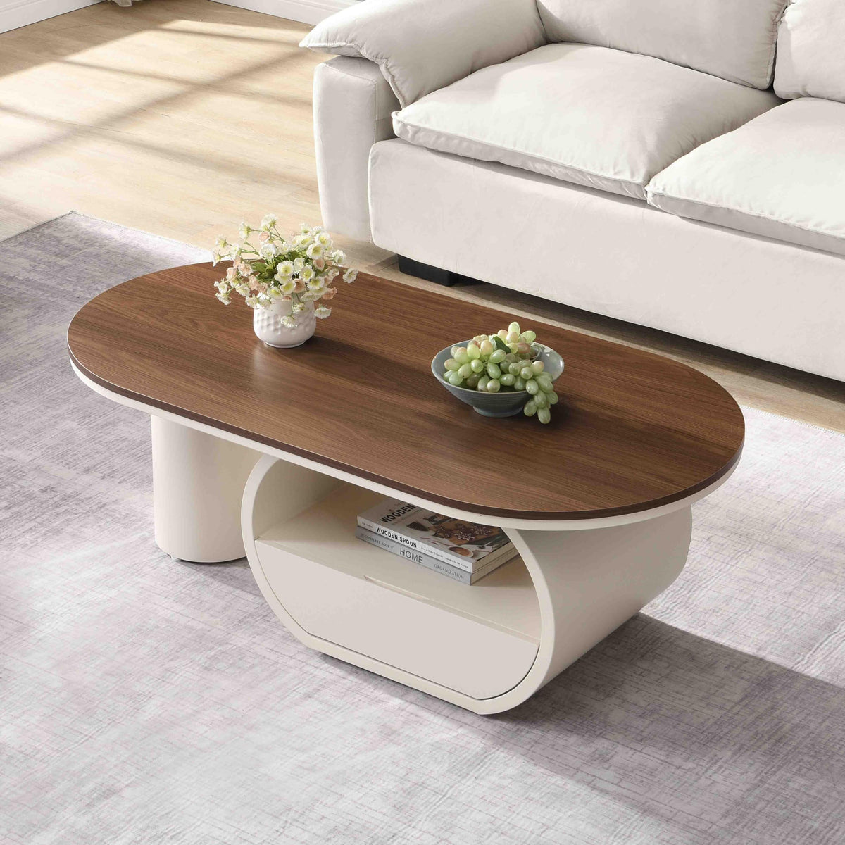 47.24'' Modern Coffee Table, Luxury Oval Coffee Table with Storage Drawer and Shelf, Metal Center Table for Living Room ﻿ (Antique White+Brown)